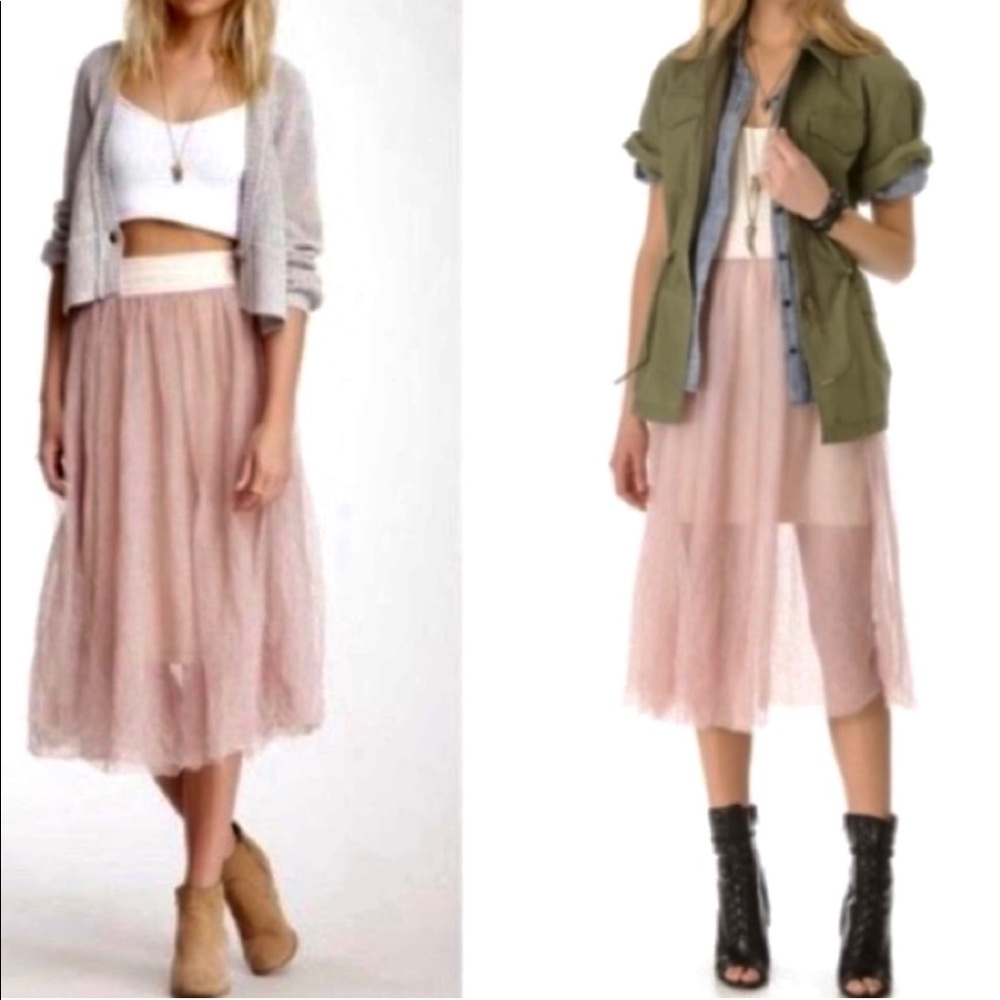 Free People Intimately Pink Tulle Mesh Midi Skirt, Size M NWT